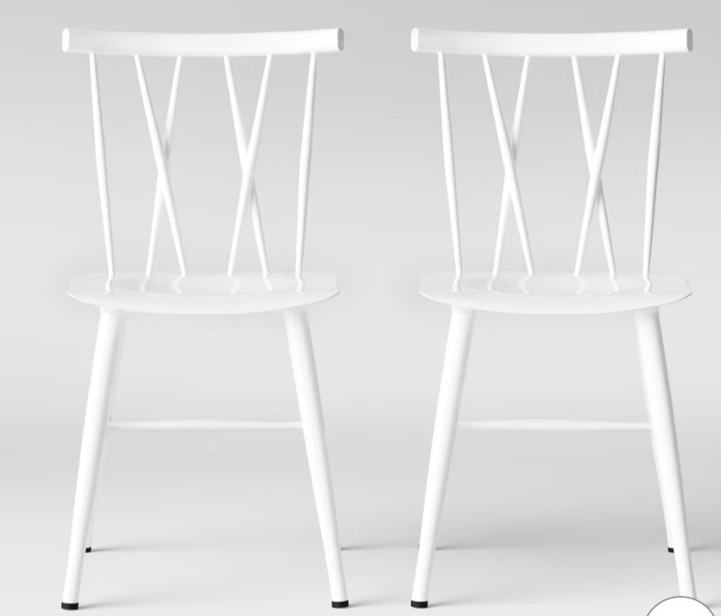 New Assembled Set of 2 Threshold Modern Metal X Back Dining Chairs, White