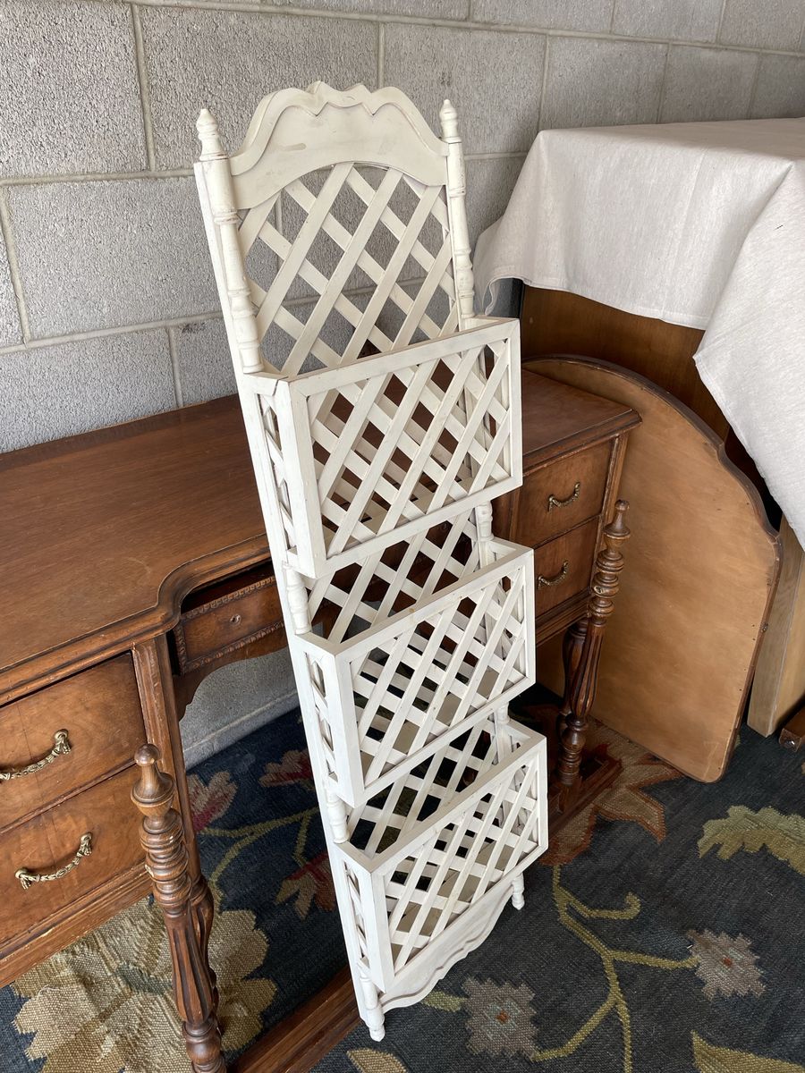 White Distressed Lattice Wood Wall Hanging Magazine Holder Organizer