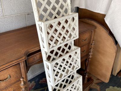 White Distressed Lattice Wood Wall Hanging Magazine Holder Organizer
