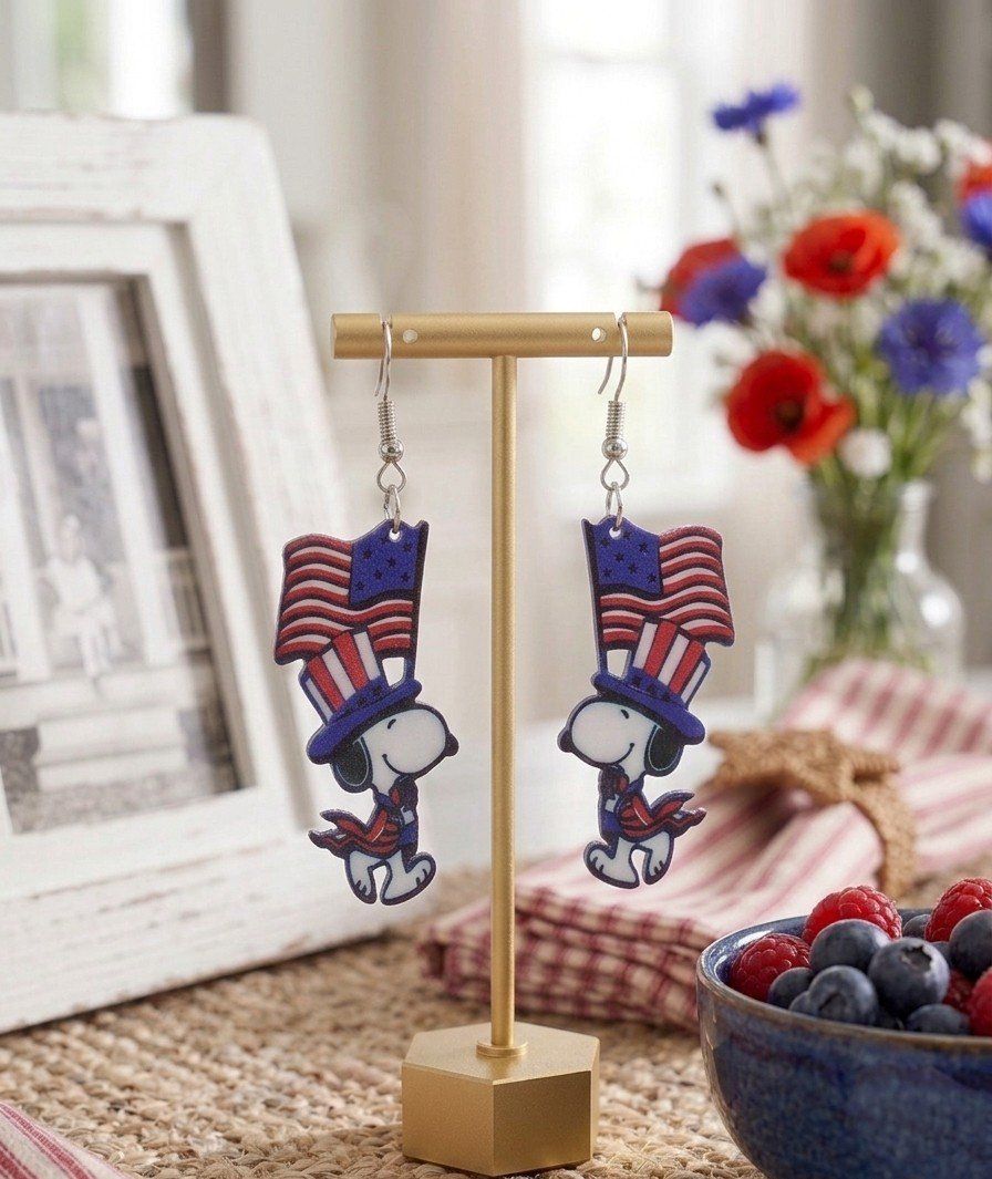 Snoopy Patriotic American Flag Dangle Earrings - Red, White, & Blue Novelty Jewelry