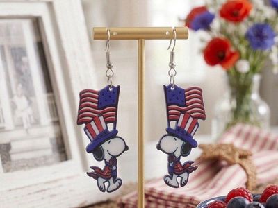 Snoopy Patriotic American Flag Dangle Earrings - Red, White, & Blue Novelty Jewelry