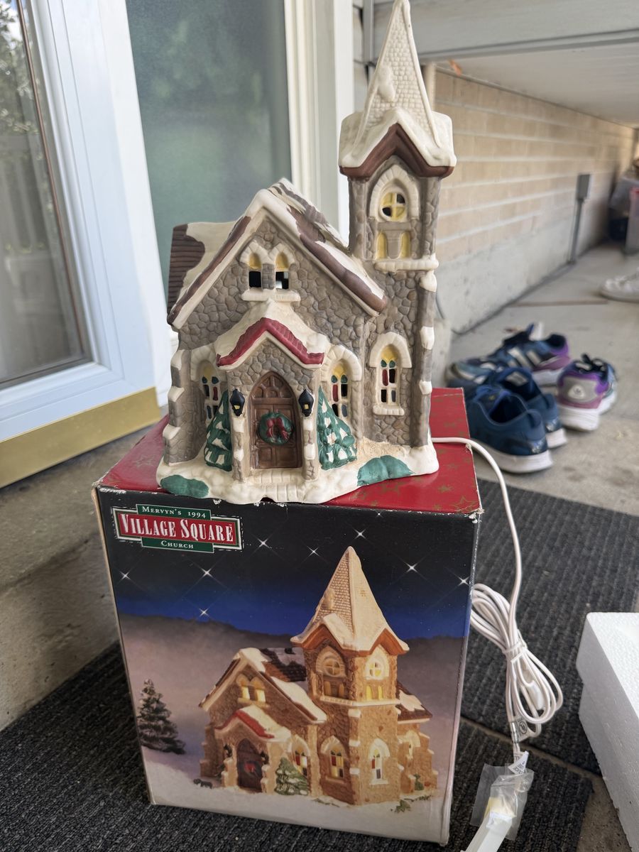 Mervyn's 1994 Village Square Ceramic Lighted Christmas Church with Box