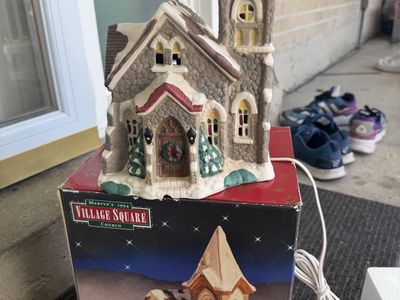 Mervyn's 1994 Village Square Ceramic Lighted Christmas Church with Box