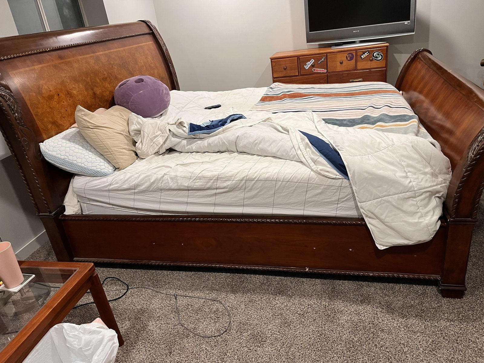 KING Wooden Sleigh Bed Frame with Burl Wood Accents
