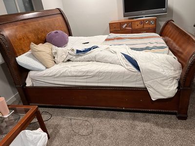 KING Wooden Sleigh Bed Frame with Burl Wood Accents