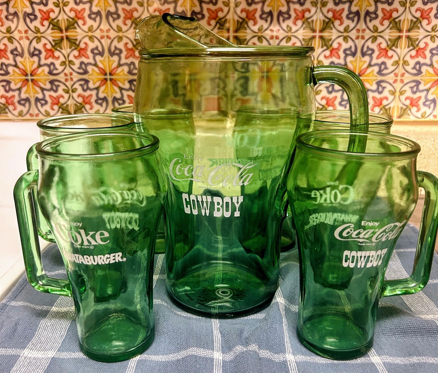 Vintage Coca-Cola "Enjoy Coke Dallas Cowboy" Green Glass Pitcher & 6 Mugs Set (Whataburger) Cash Please