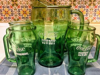 Vintage Coca-Cola "Enjoy Coke Dallas Cowboy" Green Glass Pitcher & 6 Mugs Set (Whataburger) Cash Please