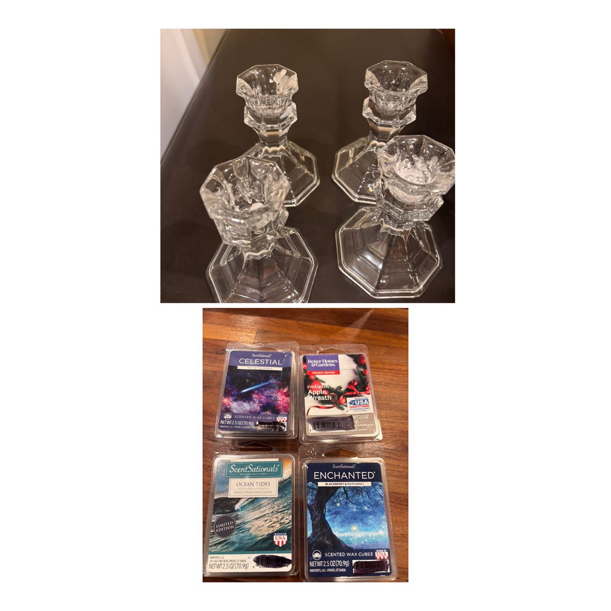 Candlesticks and wax candle cubes $1 each