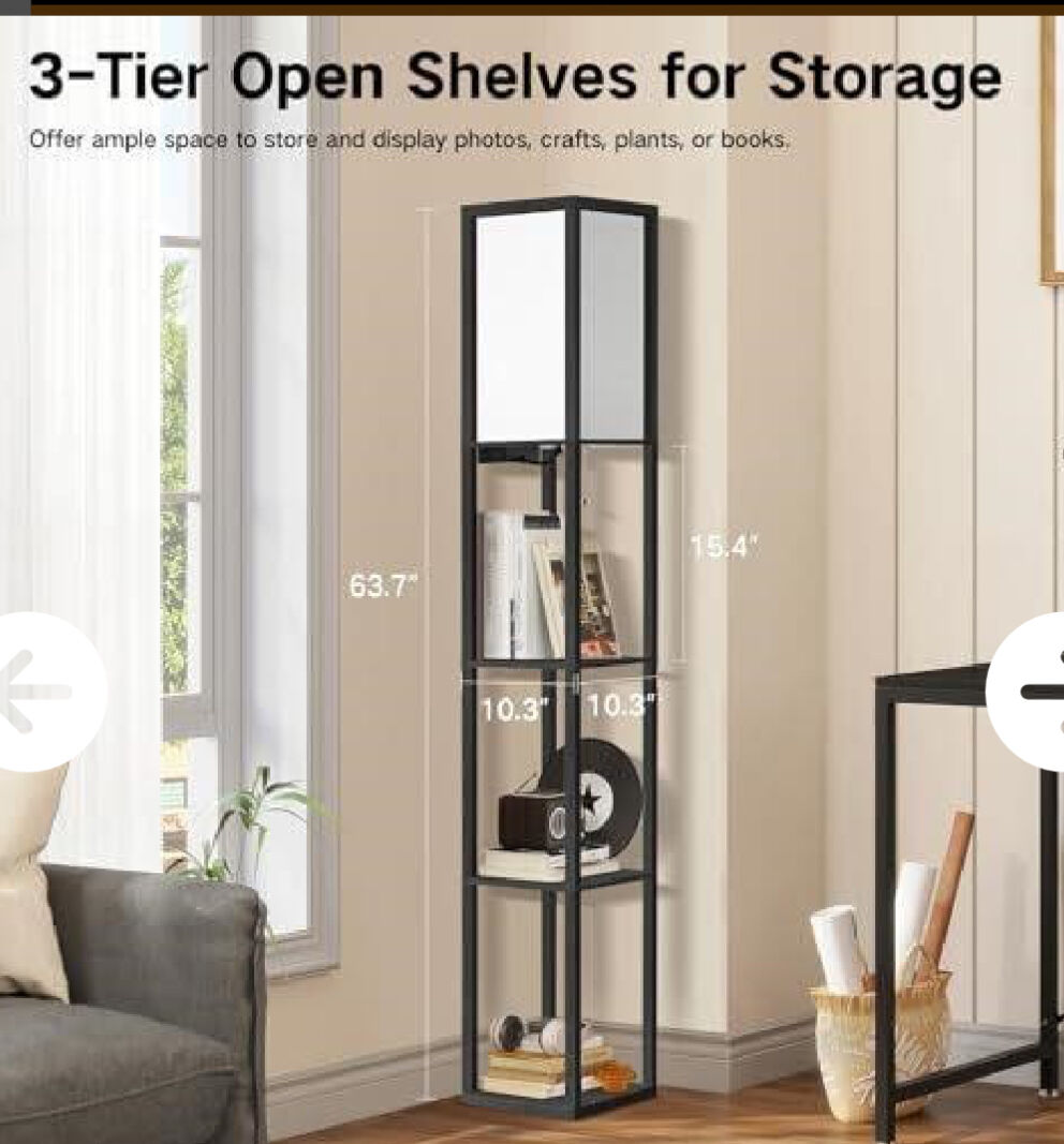 Floor Lamp with Shelves, LED Shelf Floor Lamp,1 USB & 1 Type C Port, 1 AC Outlet, 3 Color Tempe