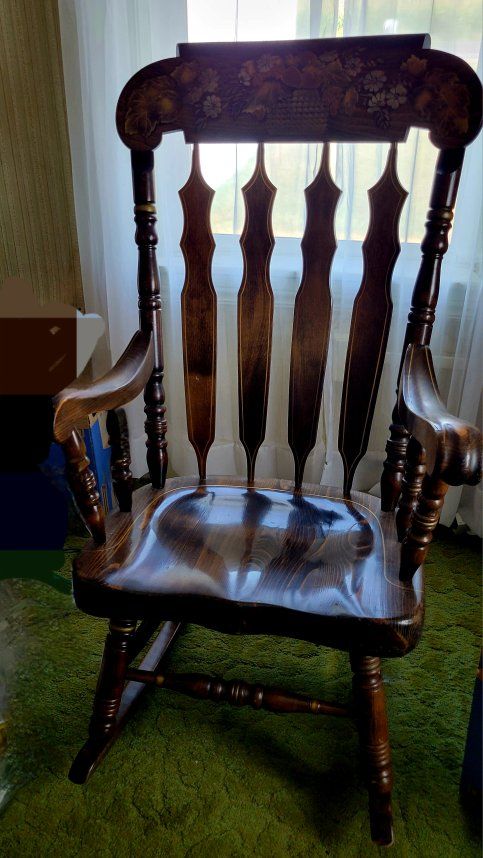 Wooden Rocking Chair with Floral Backrest