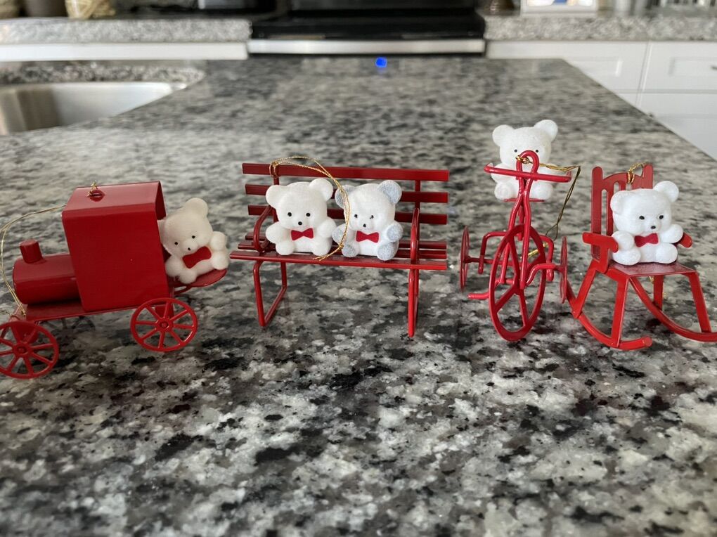 4 ~Vintage Flocked Teddy Bear Ornaments Red