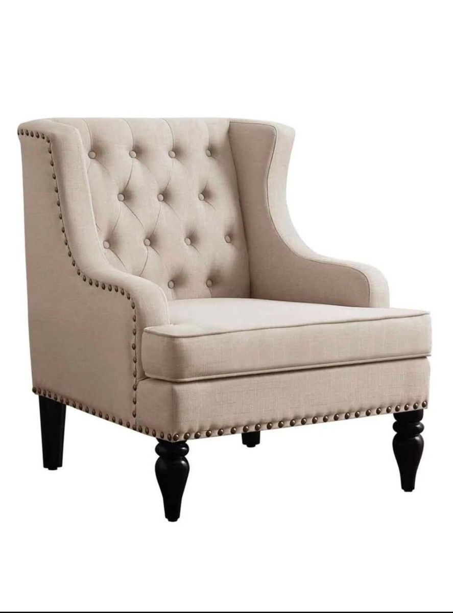 NEW Beige Tufted Wingback Accent Chair | Upholstered Armchair | Solid Wood Legs #377