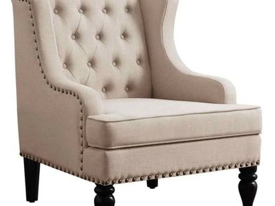 NEW Beige Tufted Wingback Accent Chair | Upholstered Armchair | Solid Wood Legs #377