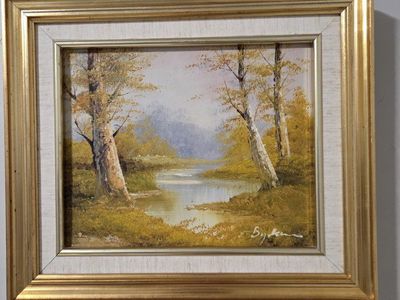 Framed Autumn River Landscape Oil Painting Signed By Artist Byron.