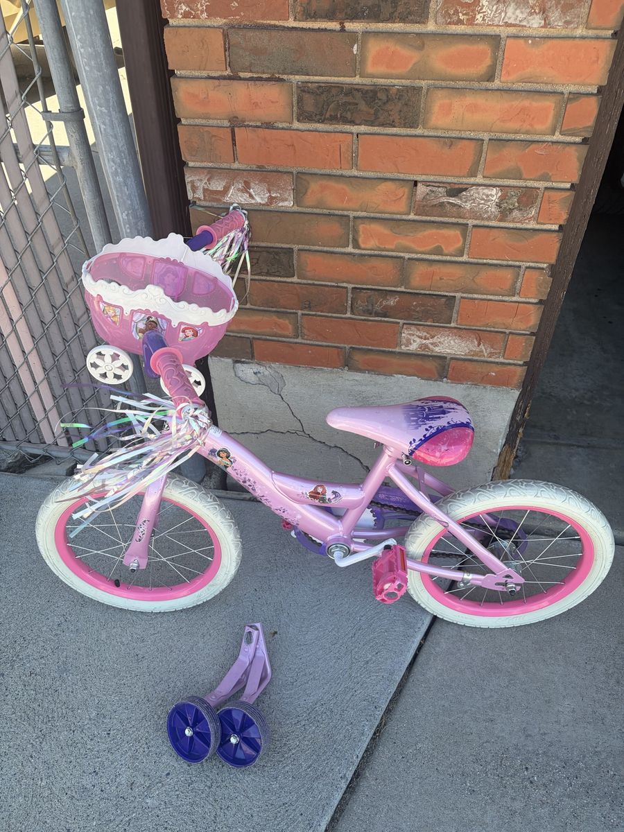 Disney Princess Kids' 16" Bicycle w/ Basket & Training Wheels, Pink & Purple