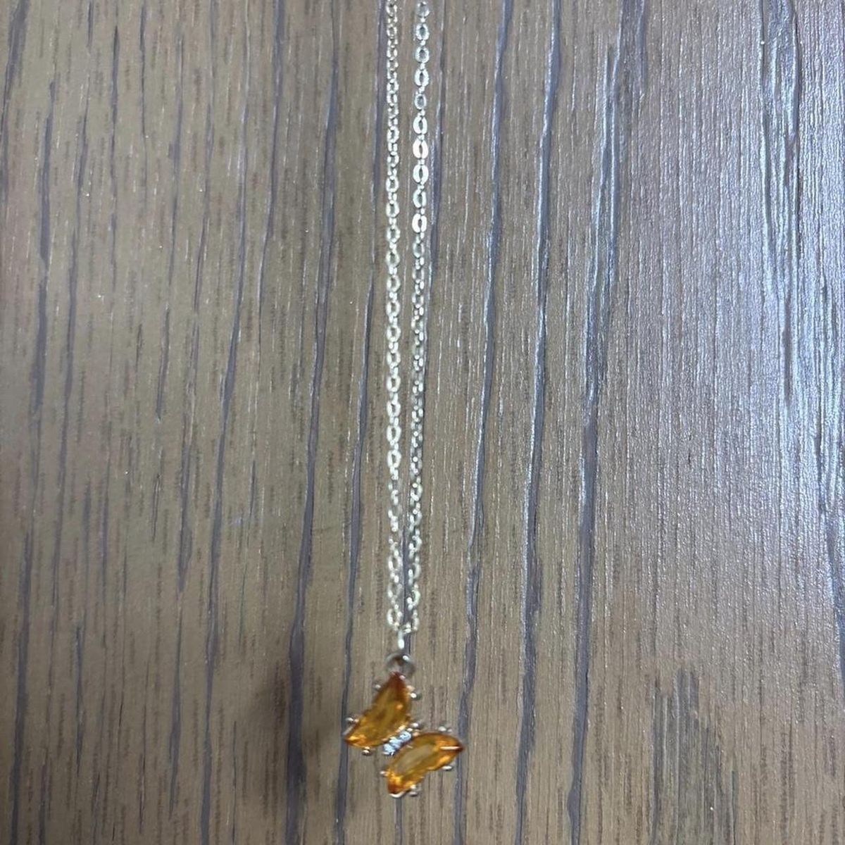 Gold Tone Butterfly Pendant Necklace with Orange/Brown Gems