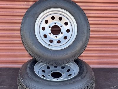 Set of 2 Free Country ST 225/75 D 15 Trailer Tires Mounted on New Silver Mod Wheels Brand New . 6 Lug Pattern