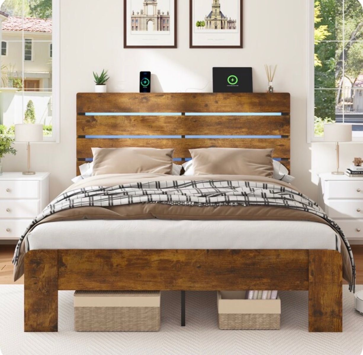 Brand new Rustic Wooden Bed Frame with LED Headboard & USB Charging Station