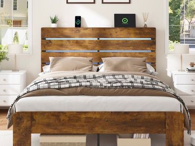 Brand new Rustic Wooden Bed Frame with LED Headboard & USB Charging Station