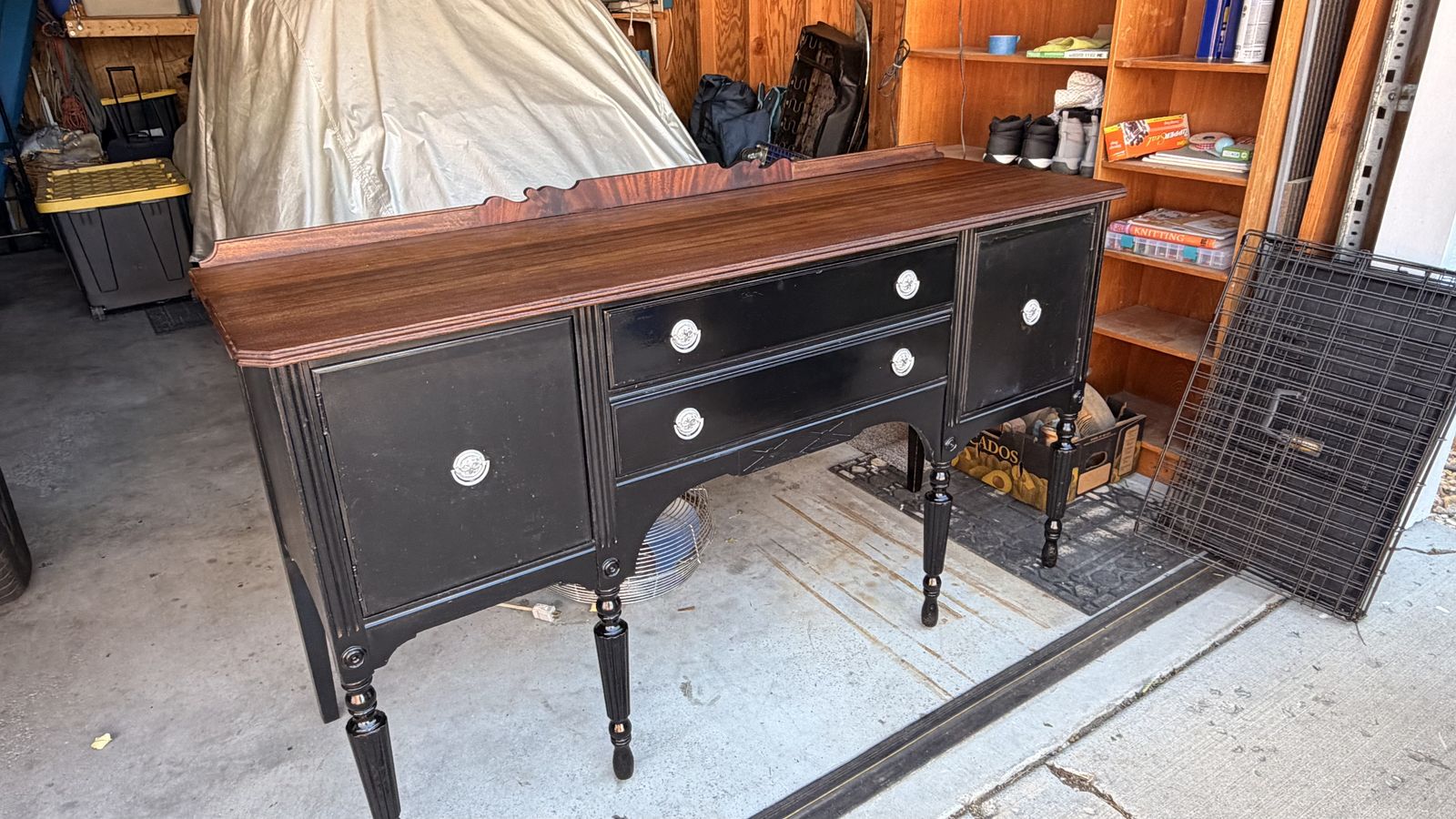Vintage Black & Wood Buffet Sideboard with Drawers and Cabinets