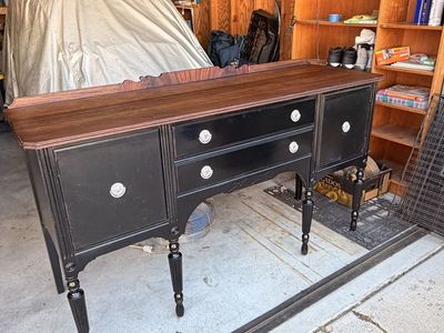 Vintage Black & Wood Buffet Sideboard with Drawers and Cabinets