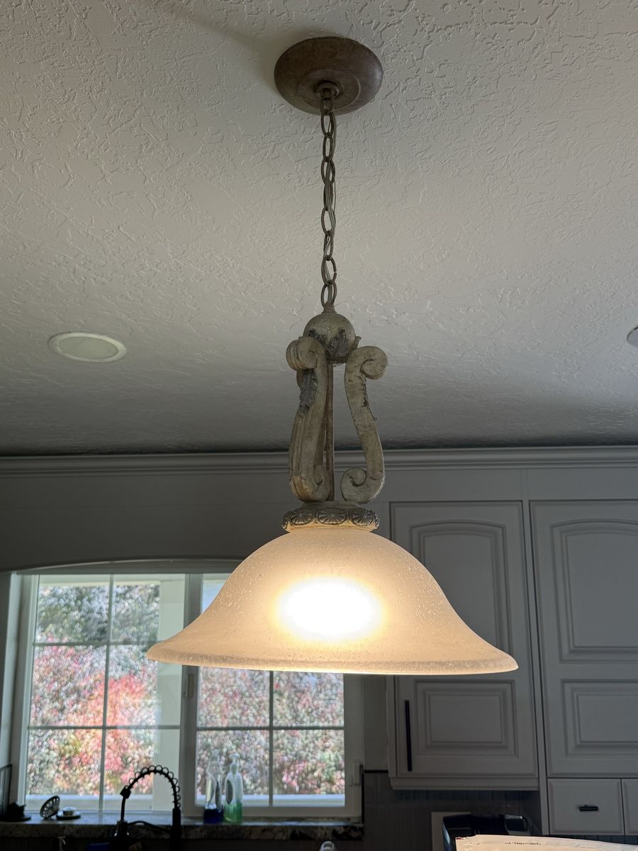 Four Ornate Rustic Pendants Light Fixture with Frosted Bell Shade - Farmhouse/Vintage Style