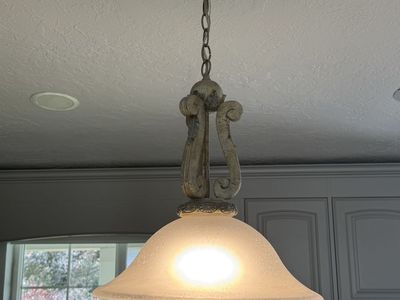 Four Ornate Rustic Pendants Light Fixture with Frosted Bell Shade - Farmhouse/Vintage Style