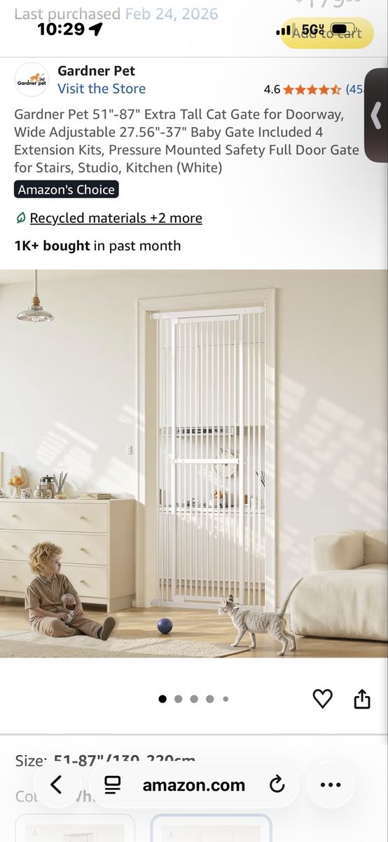 Gardner Pet Extra Tall Cat Gate, 51"-87" Height, 27.56"-37" Width, White