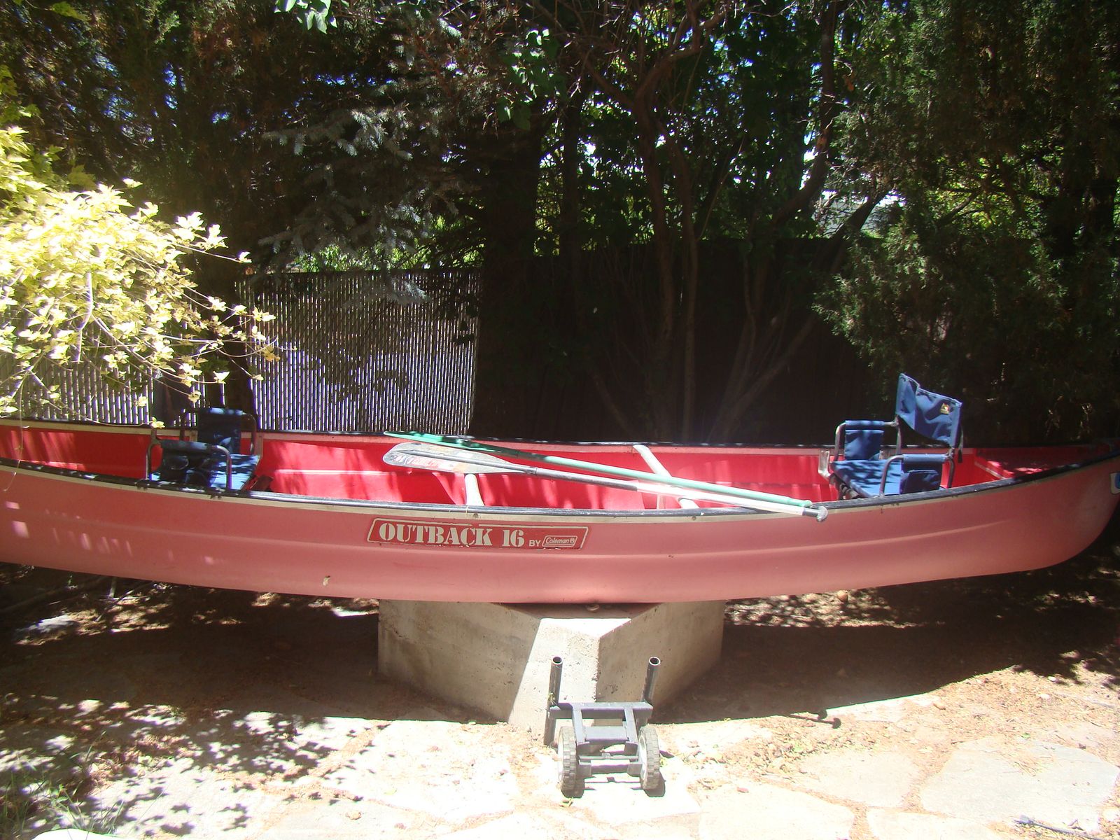 16' Fiberglass Canoe with oars, seats and dolly