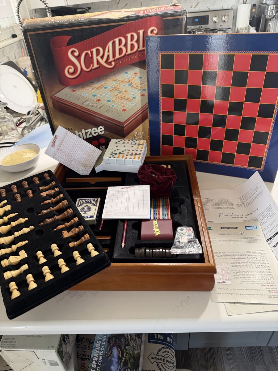 Classic Board Games Bundle: Scrabble, Yahtzee, Chess, Checkers, Dominos, Playing Cards & Backgammon