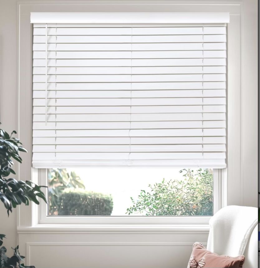 New White 2" Faux Wood Blinds Custom Cut for a 64” Window