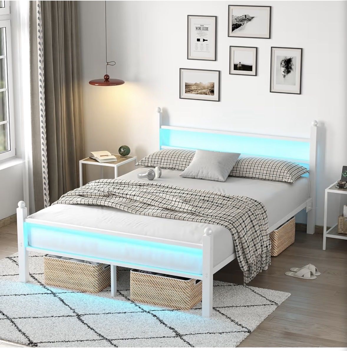 Full Size Metal Platform Bed Frame with RGB LED Lights & Headboard/Footboard - White