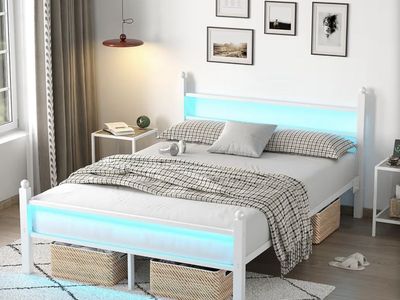 Full Size Metal Platform Bed Frame with RGB LED Lights & Headboard/Footboard - White
