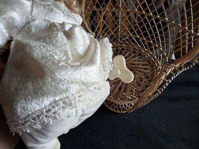 Collector's Choice Porcelain Doll Blonde Curly Hair Blue Eyes Wicker Chair & COA