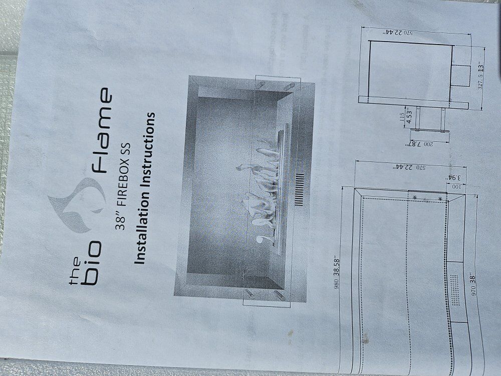 38" is SS Firebox Ethanol Fireplace New