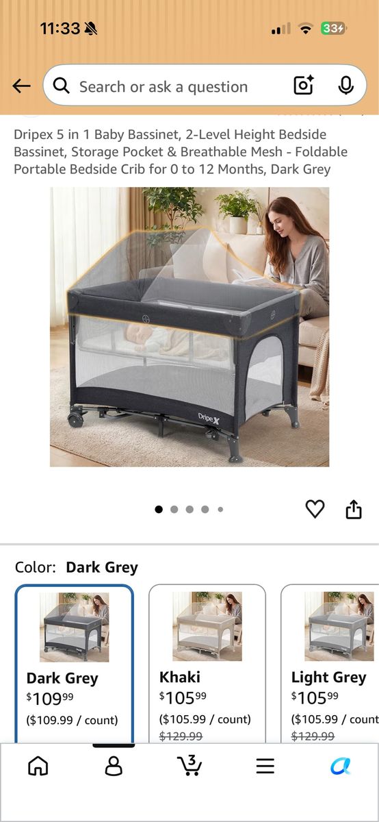 Dripex 5-in-1 Baby Bassinet, 2-Level Height, Foldable Portable Bedside Crib, Dark Grey, 0-12 Months