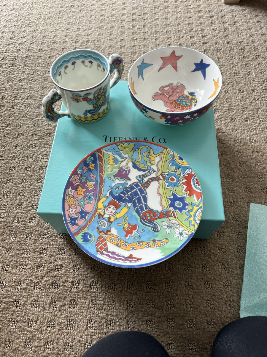 Tiffany And Co. 1997 "Fantasy Collection" By Gene Moore Plate Bowl & Cup