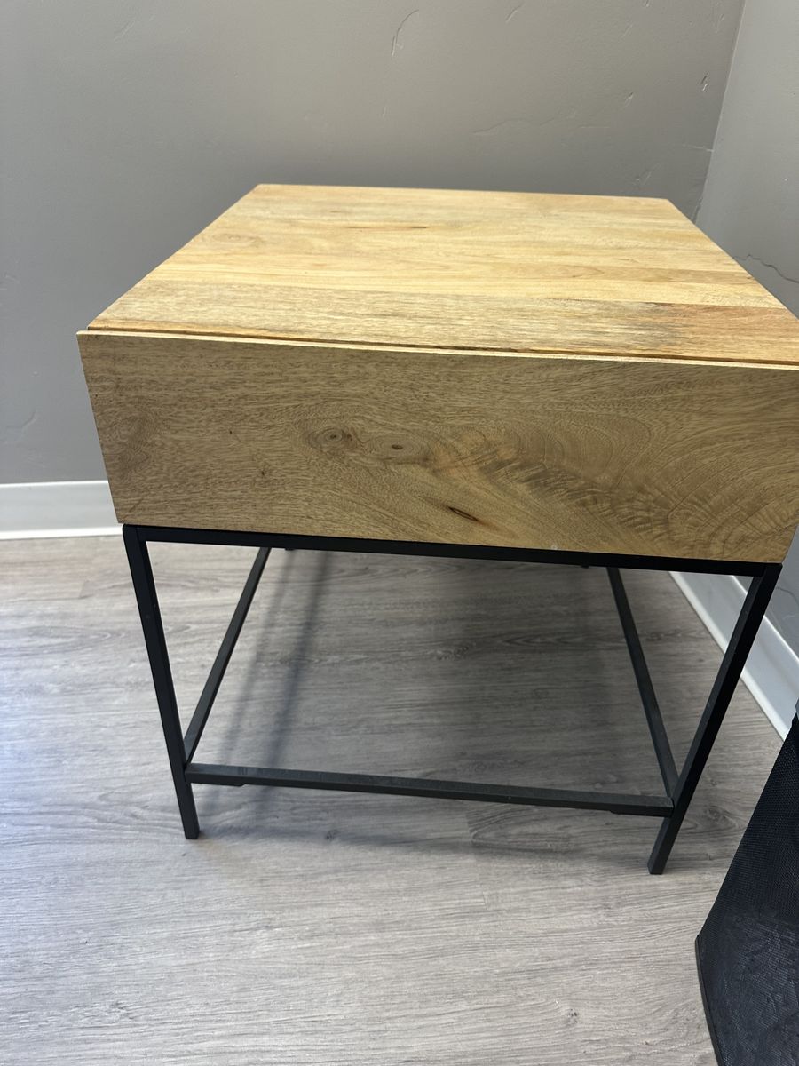 West Elm Industrial Storage End Table - Raw Mango Wood & Metal, Rustic/Industrial Design