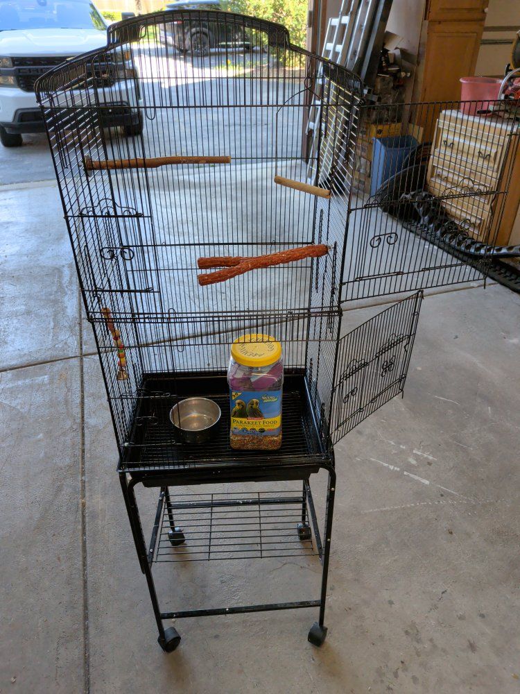 Large Black Metal Bird Cage on Wheels with Perches and Bowls - Excellent Condition