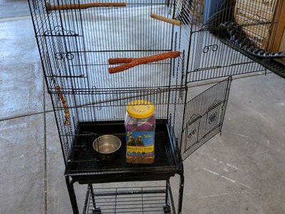 Large Black Metal Bird Cage on Wheels with Perches and Bowls - Excellent Condition