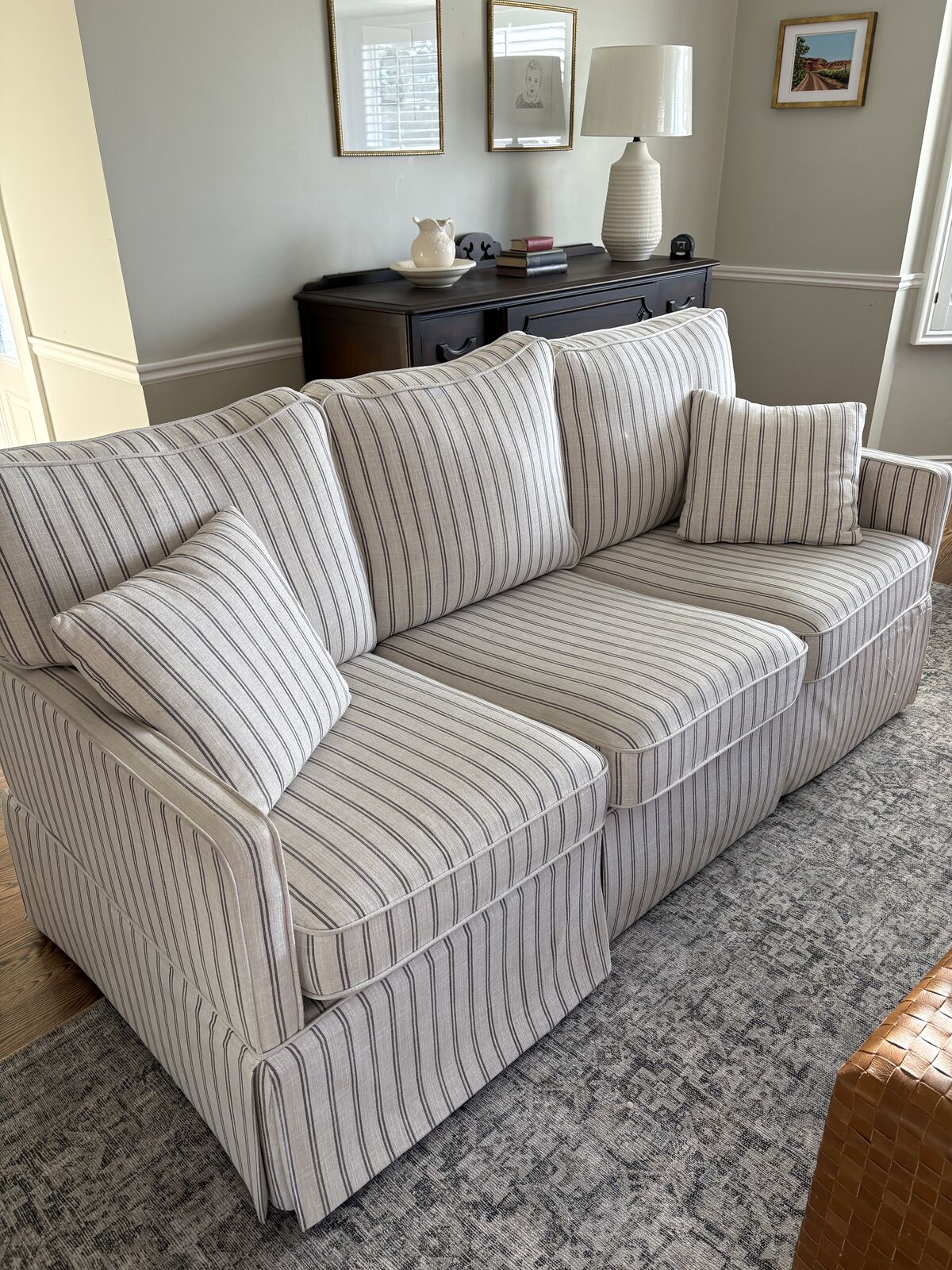 White And Gray Striped Sofa