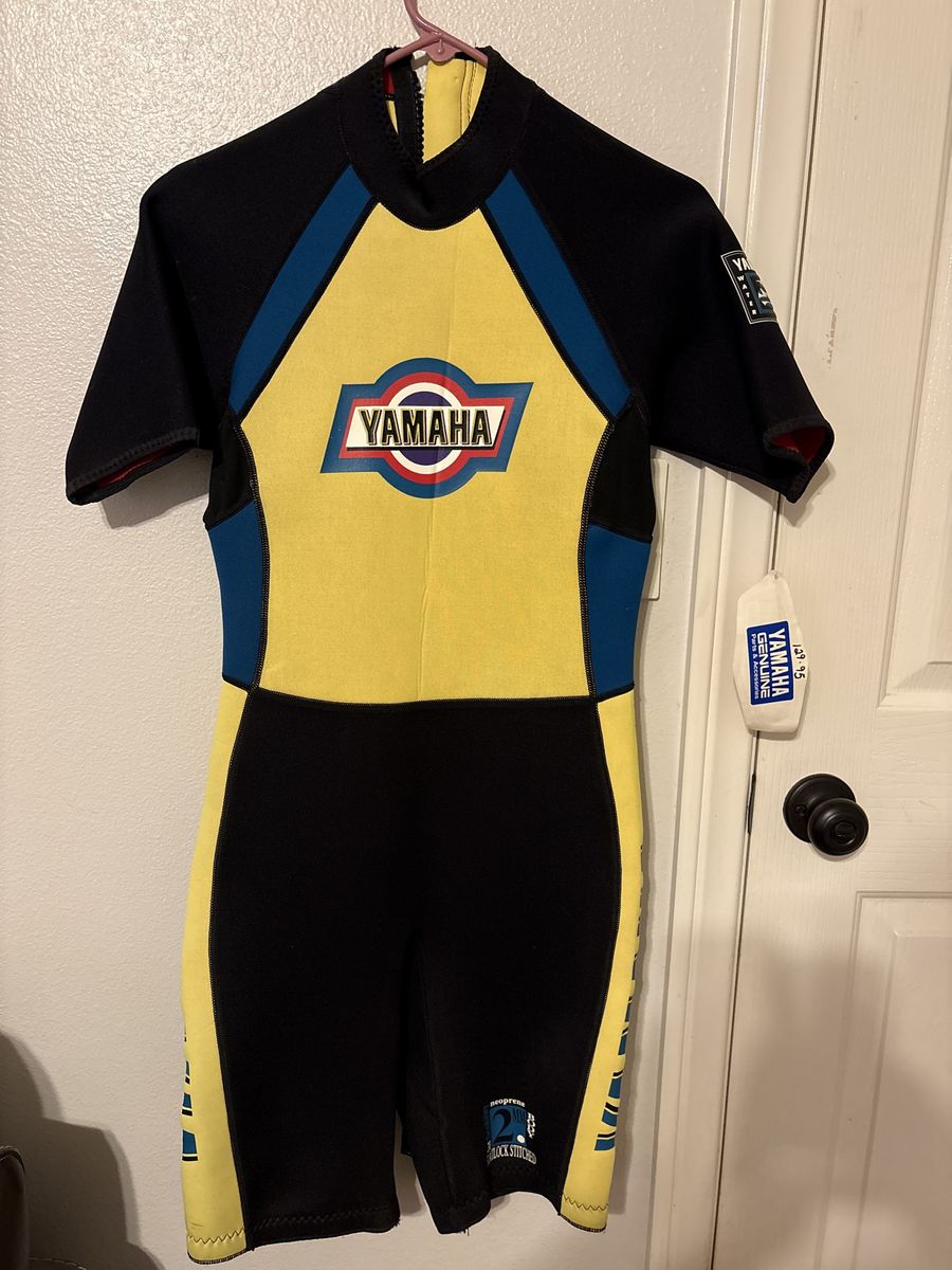Vintage Yamaha Neoprene Wetsuit Shorty - Black/Yellow/Blue, Size women’s large