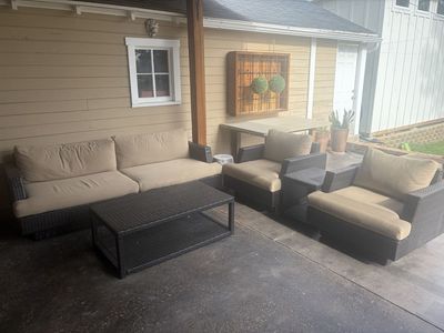 Wicker Patio Furniture Set - Sofa, 2 Armchairs & Coffee and sideTables with Beige sunbrella Cushions