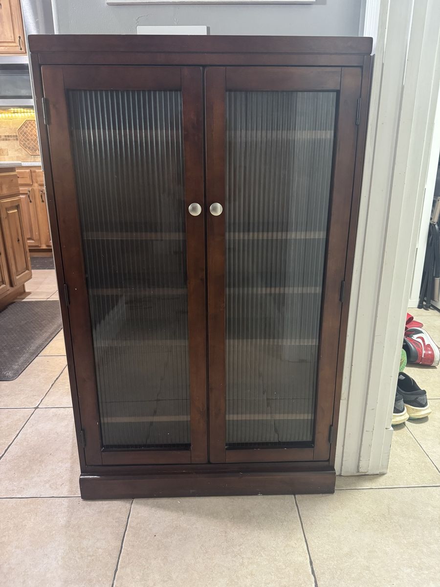 Dark Wood Storage Cabinet with Double Fluted Glass Doors