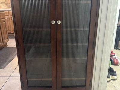 Dark Wood Storage Cabinet with Double Fluted Glass Doors