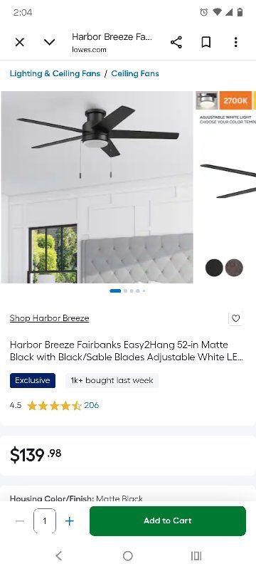 Harbor Breeze Fairbanks Easy2Hang 52-in Matte Black Ceiling Fan with Adjustable White LED Light