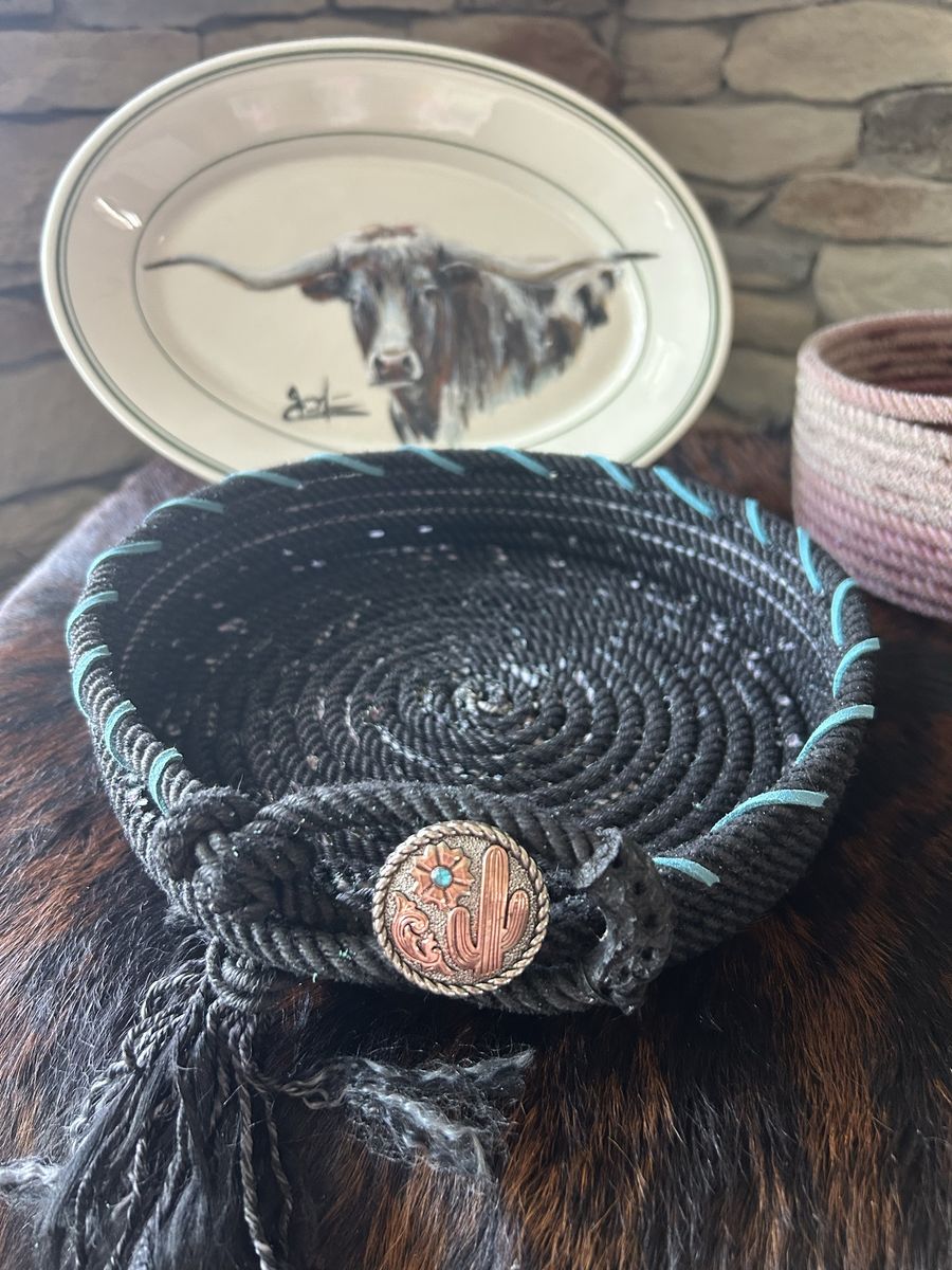 Handmade Western Rope Bowl/Basket - Black with Turquoise Accents & Cactus Concho, Approx. 8" Diameter