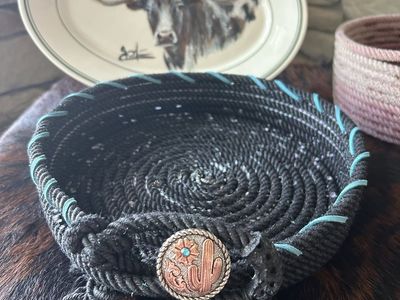 Handmade Western Rope Bowl/Basket - Black with Turquoise Accents & Cactus Concho, Approx. 8" Diameter
