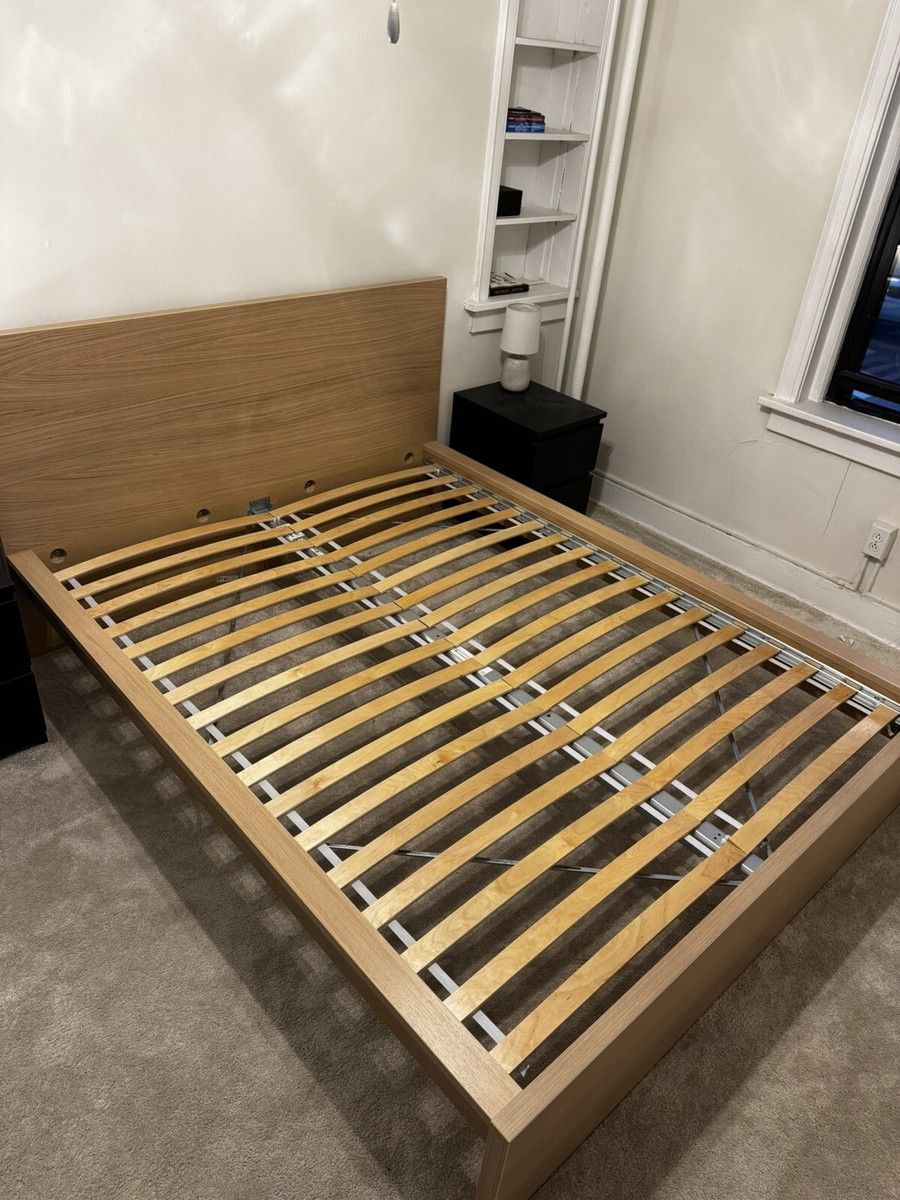 IKEA Malm King Sized Bed Light Brown (with metal beam and wooden slats)