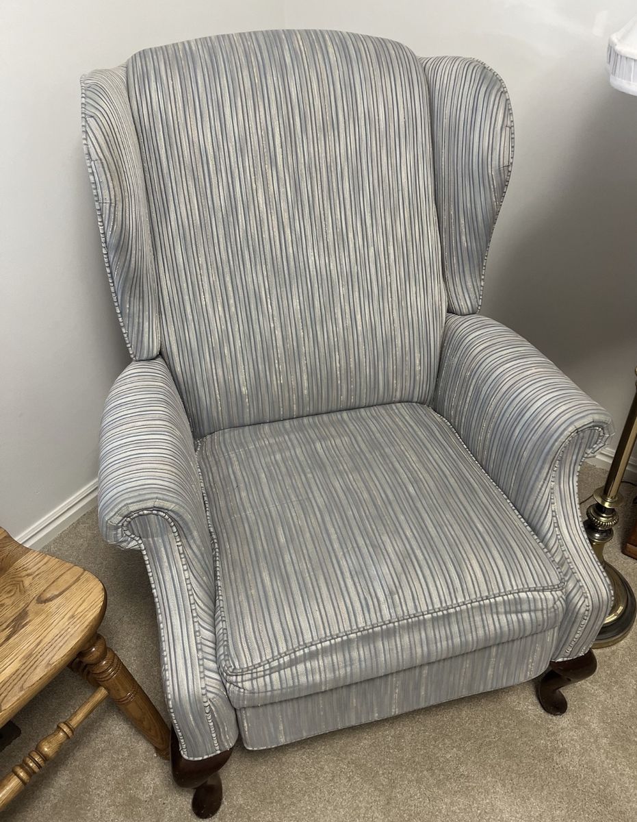 Wingback Armchair Upholstered Light Blue/Grey Striped Pattern Accent Chair